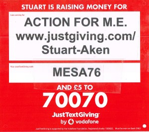 This, modified by yours truly, was on my back, so viewers could donate during the race itself.